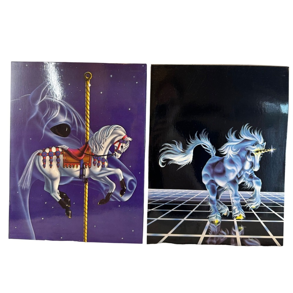 Vintage 1985 Little Contessa Fantasy Folders Carousel Horse Unicorn 80s Set of 2